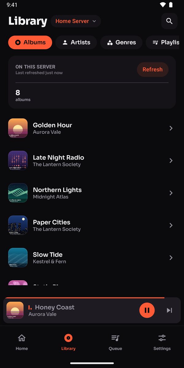 Audex library showing albums from a media server