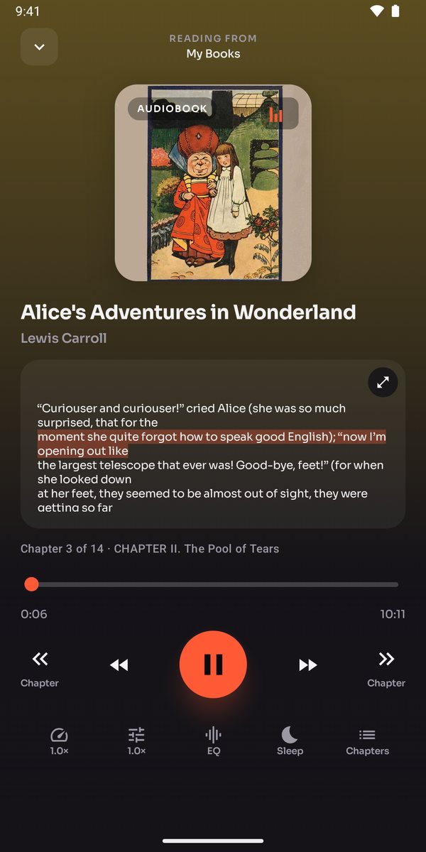 Audex reading an audiobook chapter aloud with a live transcript