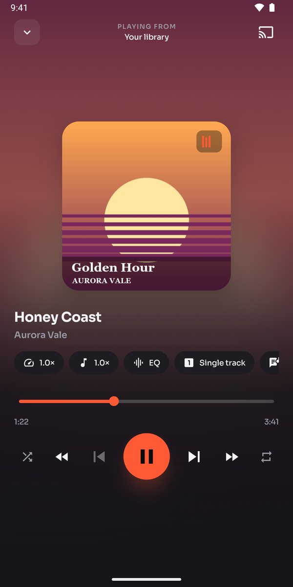 Audex now playing a track from a media server, with speed, pitch, EQ and sleep timer controls