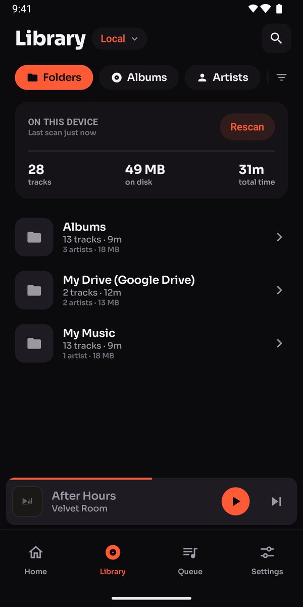 Audex library showing folders on the device and in Google Drive